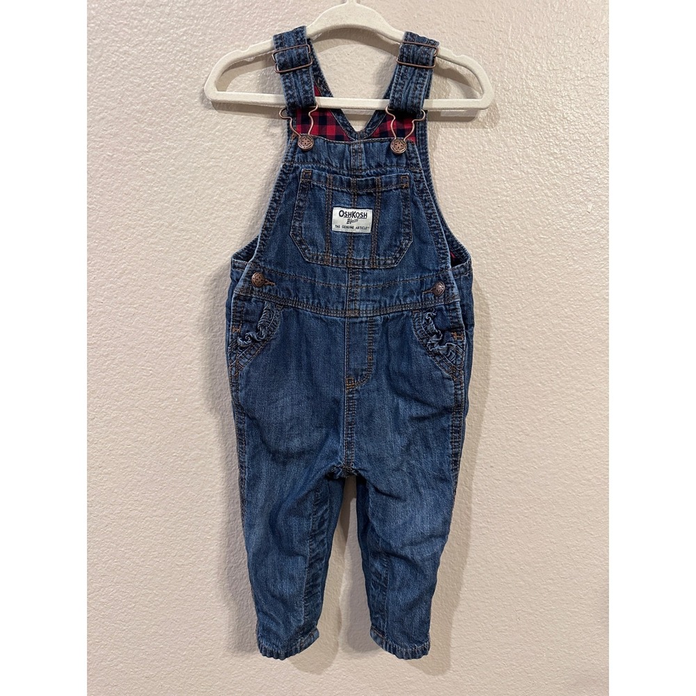 VINTAGE OshKosh B'Gosh Denim Overalls Red Plaid Lined Ruffle Trimmed Pockets‎